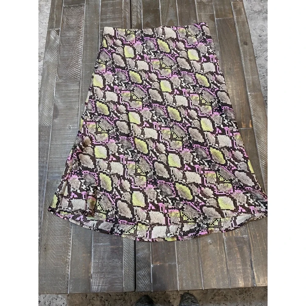 Leith Snake Print Midi A-Line Bold Skirt Pink‎ Yellow Black Brown Women's M